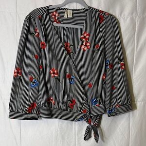 Japna Floral Stripe Wrap Style Blouse Tie Hem Black Red Size XL